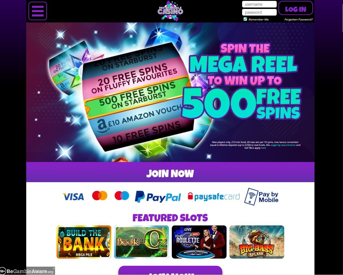 Pay By Mobile Casino Website Screenshot
