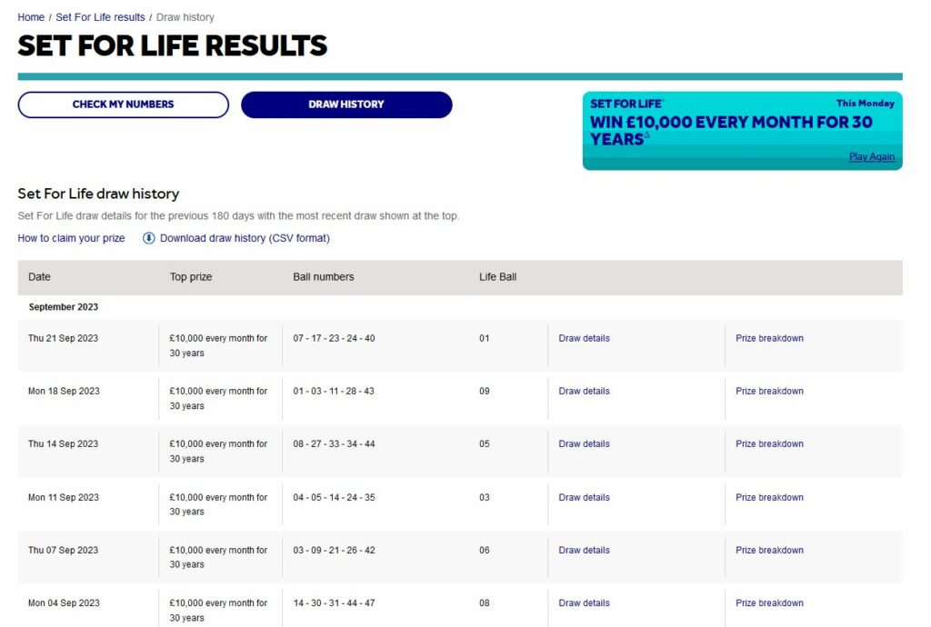 Set For Life Previous Results